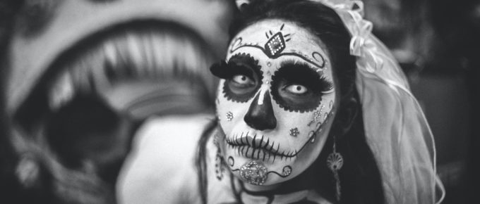 greyscale photo of day of the dead corpse bride